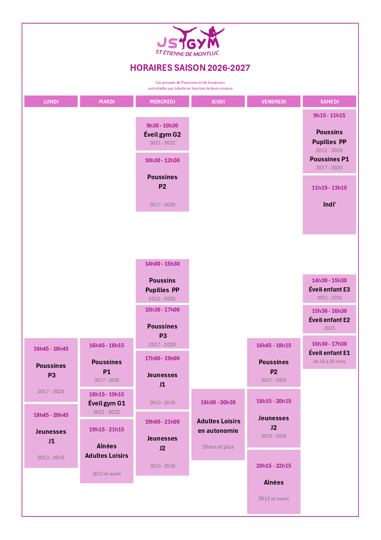 HORAIRES SAISON 2026 - 2027